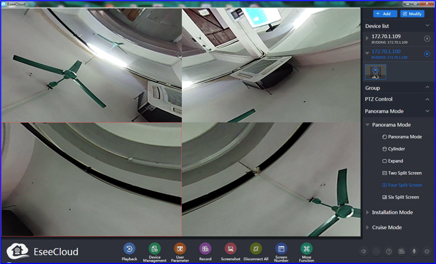 EseeCloud CMS desktop client showing quad-screen multi-camera live monitoring on Windows
